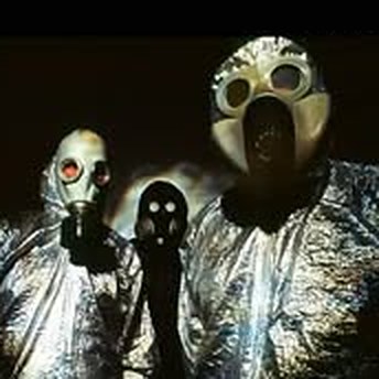Caater in silver hazmat suits and gas masks